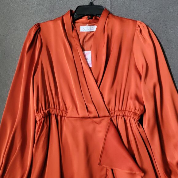 Chicwish M Rust Asymmetric Faux Wrap Ruffle Hem Satin Dress 711 - Picture 4 of 13